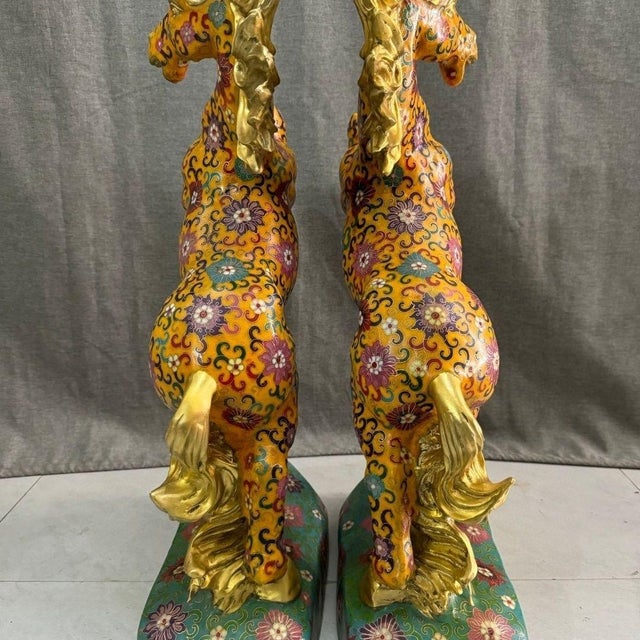 Monumental Pair of Vintage Cloisonné Enamel Rearing Horses For Sale - Image 4 of 9