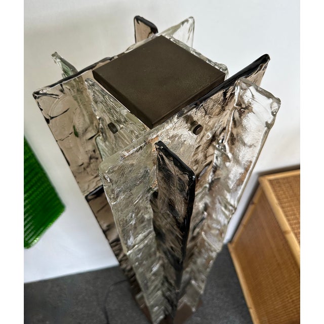 Mid-Century Modern Space Age tower floor lamp model LT379, in smoke and clear textured murano glass and patinated brass...