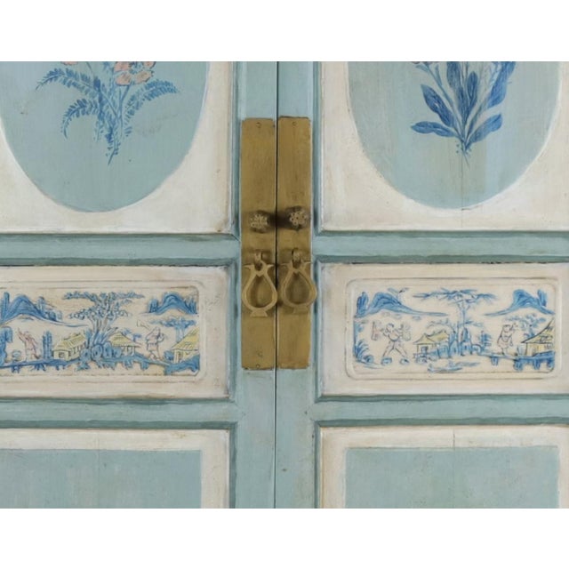 Large Chinese 20th-Century Cabinet With Blue and White Hand-Painted Flowers and Landscape Panels For Sale In New York - Image 6 of 12