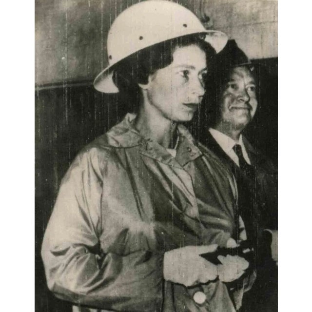 Associated Press News Photographer, Queen Elizabeth Wears Mineral's Helmet, Vintage Photograph 1950s For Sale