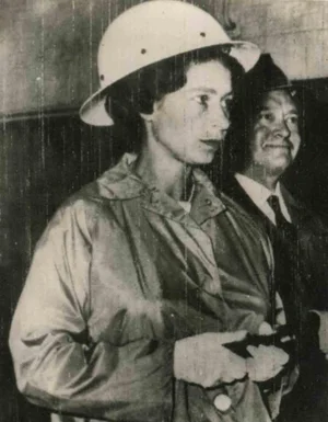 Associated Press News Photographer, Queen Elizabeth Wears Mineral's Helmet, Vintage Photograph 1950s