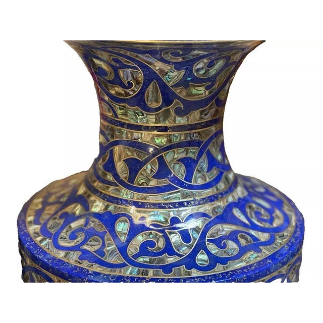 Blue Mother of Pearl Wooden Vase 24” – Handmade Decor For Sale - Image 8 of 8