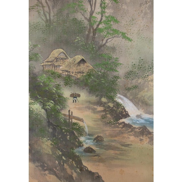 "Landscape With Waterfall", Showa Japanese Silk Scroll Painting For Sale - Image 9 of 18