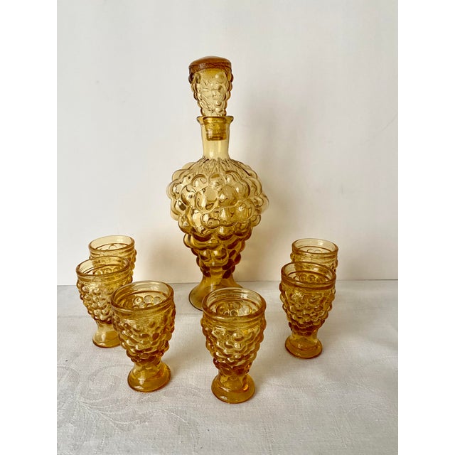 Glass Mid 20th Century Modern Empoli Italian Amber Glass Grape Decanter Set & 6 Cordial/Shot Glasses For Sale - Image 7 of 11