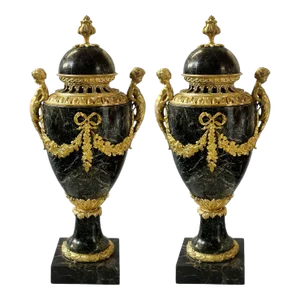 Pair of French 19th Century Luis XVI Bronze & Marble Urns