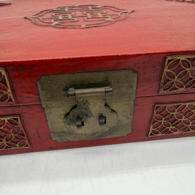 Chinese Vintage Chinese Red Leather & Wood Wedding Box With Double Happiness Motif For Sale - Image 3 of 12