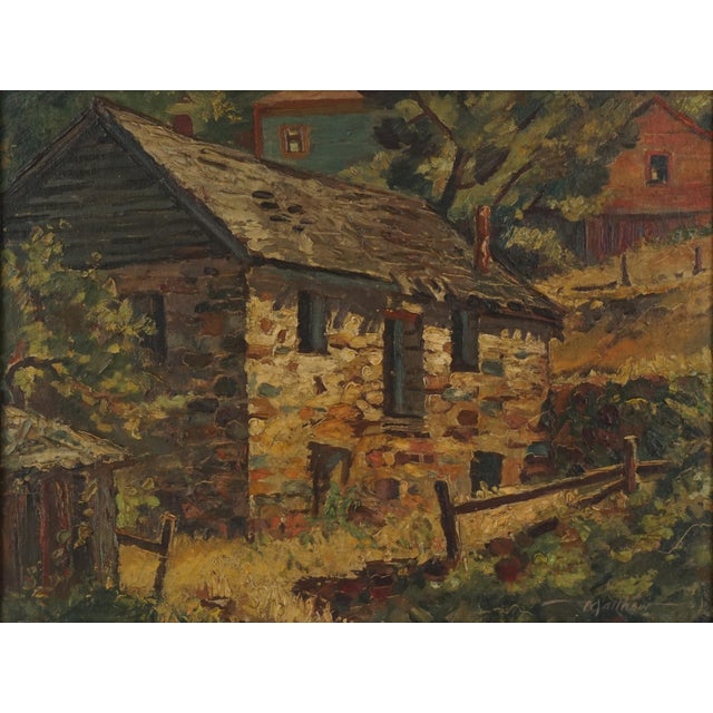 Wonderful mid century California landscape of Gold Rush's Amador City with iconic stone building and farm by John Britton...