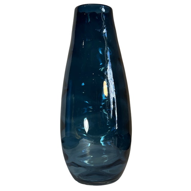 Glass 14+ In, Tall Art Glass Wavy Pattern Blue Vase For Sale - Image 7 of 12