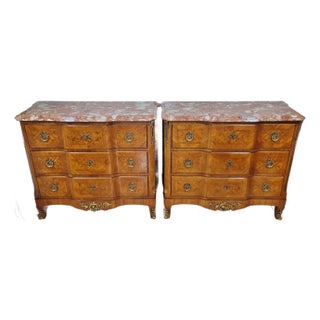 Pair Vintage Louis XV French Style Bronze Mounted Marble Top Chest Commodes For Sale