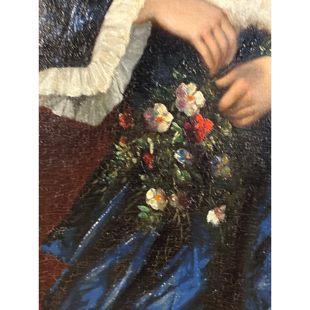 19th-C. American Portrait of a Lady in Blue – Oil on Canvas – Restored Antique Frame For Sale In Panama City, FL - Image 6 of 9