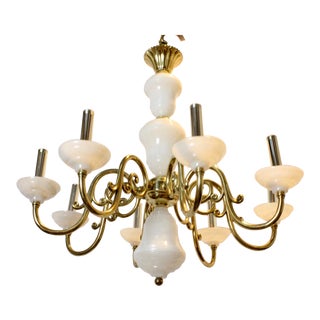 Vintage Art Deco Nouveau Alabaster Onyx Gold Chandelier Light For Sale