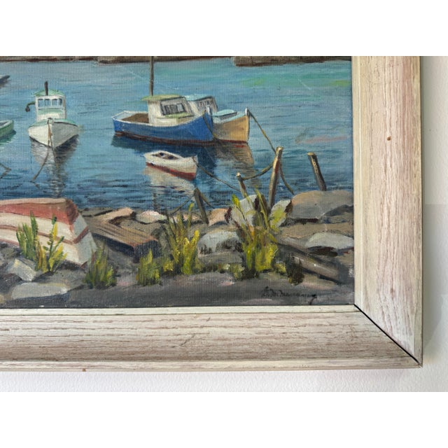 1970’s Vintage Lake Boats Landscape Oil on Board Painting, Signed For Sale - Image 9 of 12