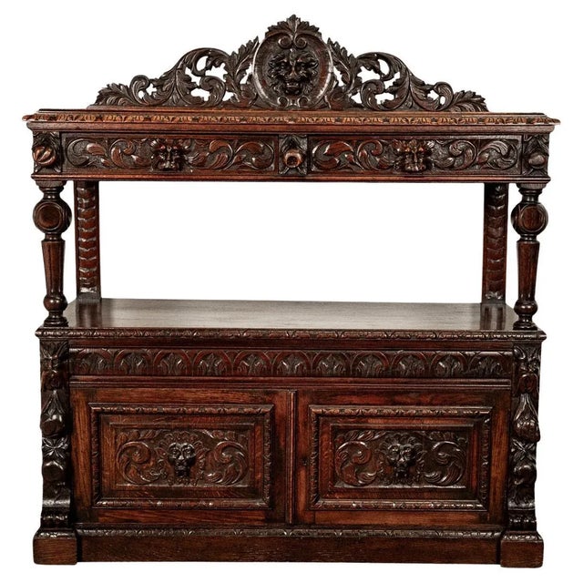 Antique Scottish Carved Oak Renaissance Revival Wine Server Buffet Sideboard For Sale In Portland, OR - Image 6 of 12