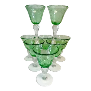 Vintage Italian Controlled Bubble Hand Blown Glass Wine Goblets - Set of 8