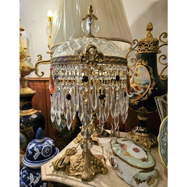 Crystal Table Lamp – Brass & Cut Crystal Boudoir Lamp With Prismatic Drops For Sale - Image 4 of 4