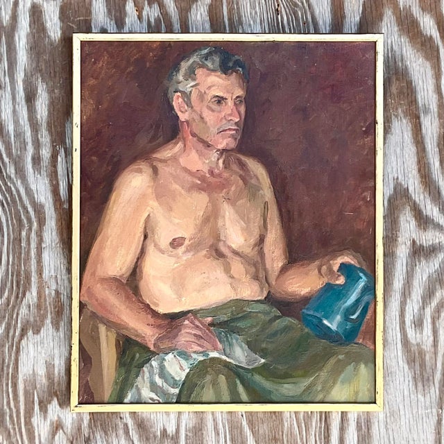 A fabulous vintage Boho original oil portrait on board. A chic composition of a handsome shirtless man. Deep rich color...