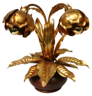 Hollywood Regency Table Lamp Lily of the Valley in Metal Gold Leaf & Oak, 1970s
