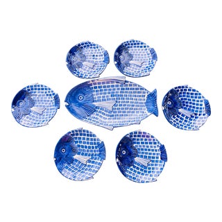 ZANOLLI Hand Painted Italian Blue and White Fish Plater With Matching Plates-Set of 7 For Sale
