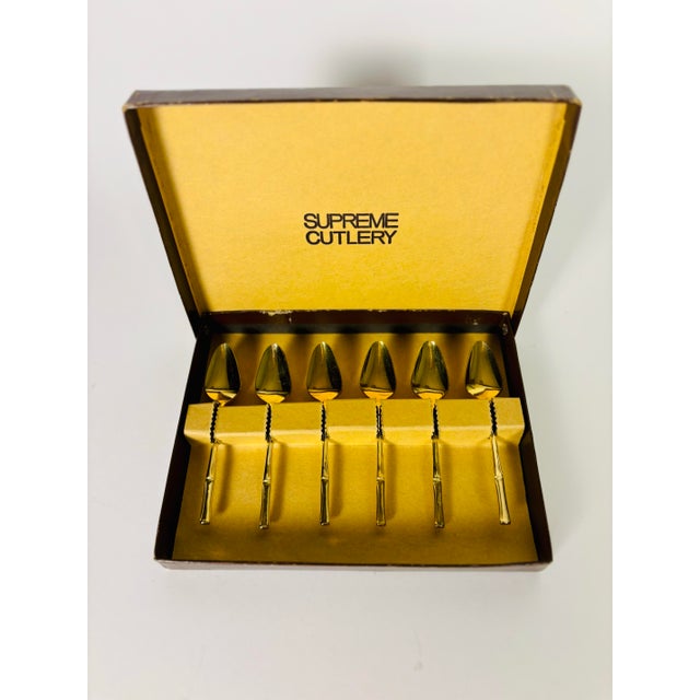Mid 20th Century Mid 20th Century Supreme Cutlery Gold-Plated “Bamboo Motif” Demitasse Spoons in Original Presentation Case – Set of 6 For Sale - Image 5 of 9