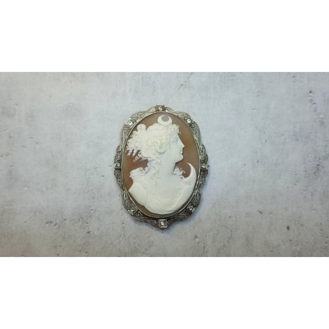 Beige Antique Shell Cameo White Gold With Diamond Brooch Greek Goddess Artemis For Sale - Image 8 of 8