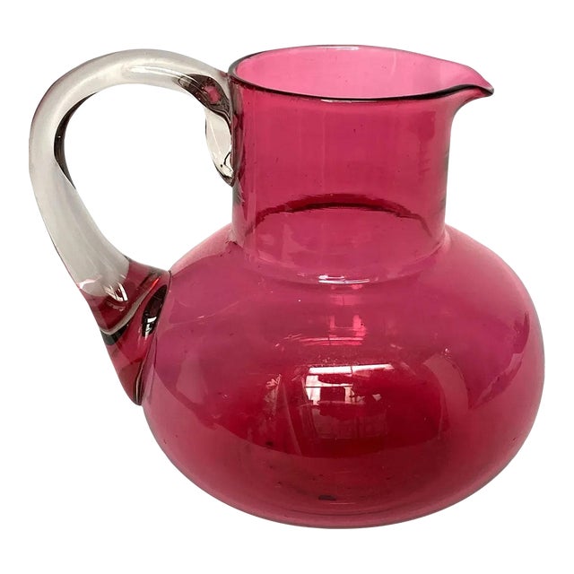 Large English Victorian Cranberry and Clear Glass Pitcher For Sale