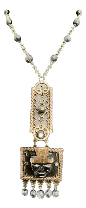 1950s Mid Century Vintage Hand Made Copper Brass Onyx Mayan Aztec Necklace