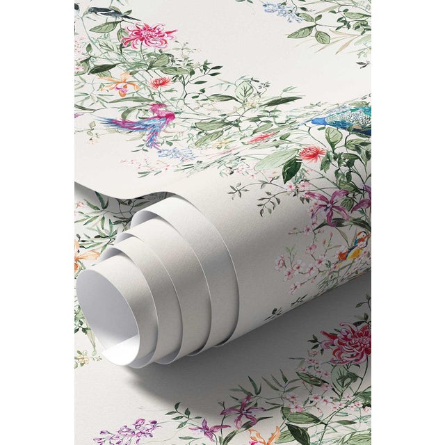 Chinoiserie Mahjong Floral Stripe Grasscloth Wallpaper by House Party | Soap White | 8 Yards For Sale - Image 3 of 8