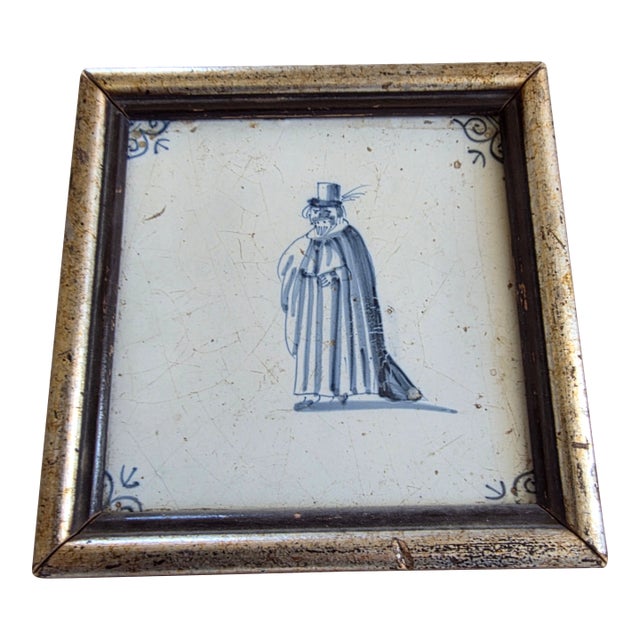 17th Century Blue and White Delft Tile With a Man For Sale