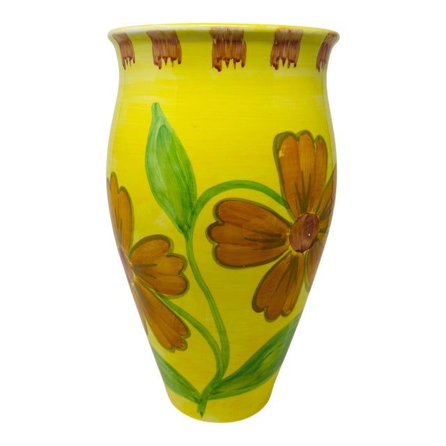Vintage 1980s Italian Hand-Painted Yellow Floral Ceramic 12-Inch Urn Vase For Sale