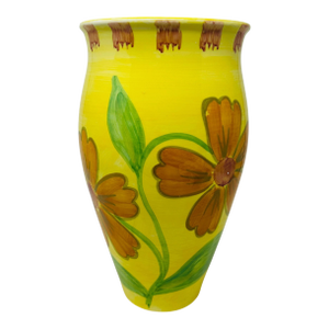 Vintage 1980s Italian Hand-Painted Yellow Floral Ceramic 12-Inch Urn Vase