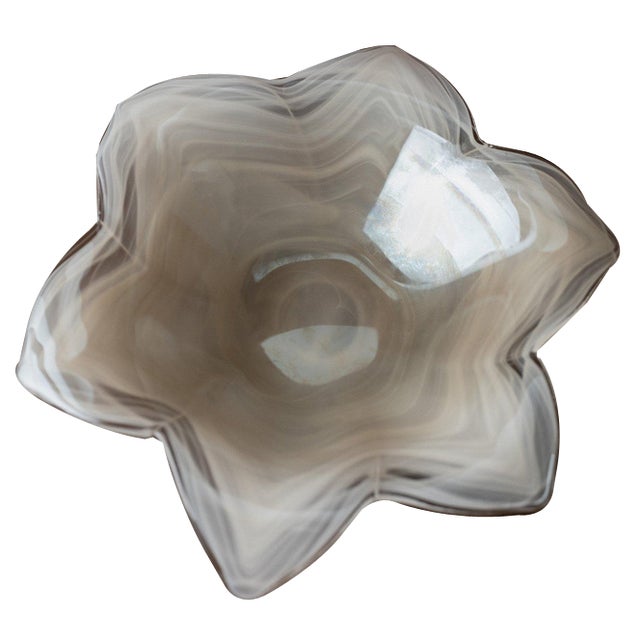 Vintage Murano Glass Bowl in Flower Shape with White Transparent Streaks For Sale