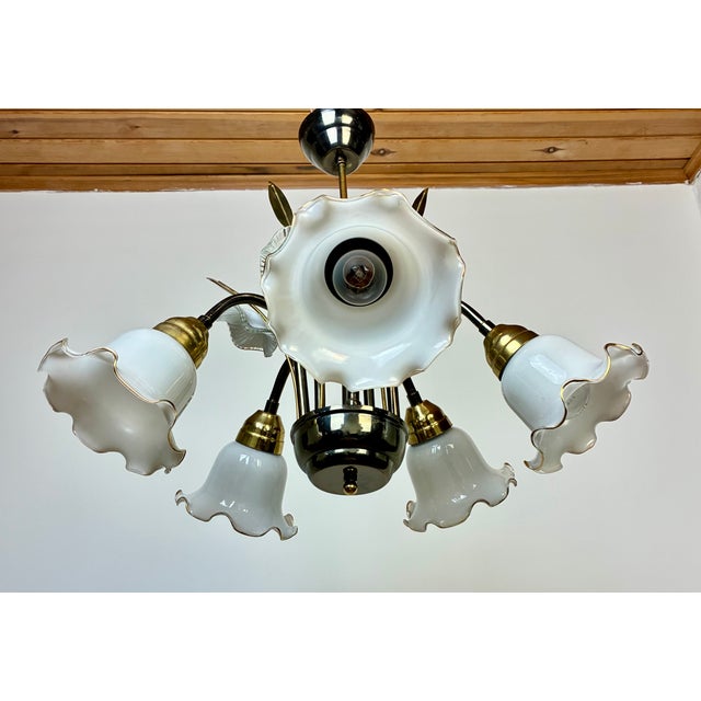 Vintage 5-Arm Floral Glass Chandelier White Hand Made – 1980s Modern Design For Sale - Image 6 of 16