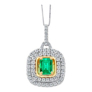 18 Karat Two-Tone Gold Emerald Double Row Diamond Pendant With 16" Chain For Sale