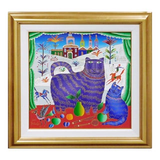 Yuri Gorbachev "Cat and Kitten Near Window in Winter" Oil and Gold Enamel Canvas For Sale
