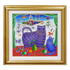 Yuri Gorbachev "Cat and Kitten Near Window in Winter" Oil and Gold Enamel Canvas