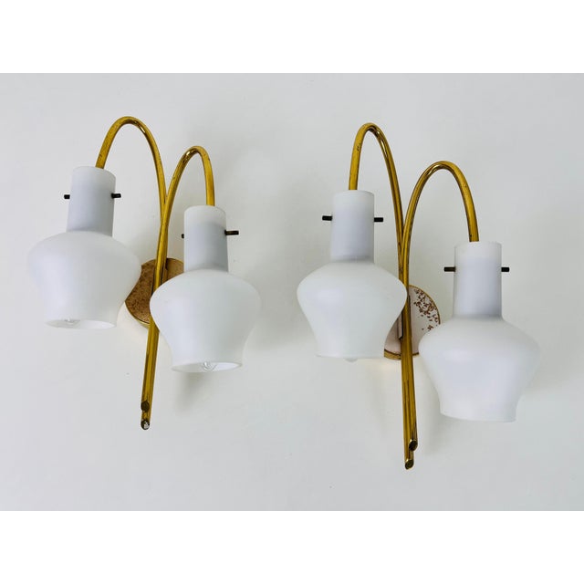 Stilnovo Mid-Century Brass and Opaline Glass Wall Lamps, Italy, 1960s - A Pair For Sale - Image 4 of 10