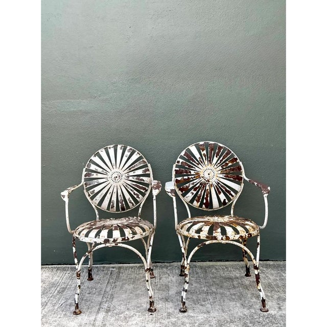 Francois Carre Vintage Francois Carre Sunburst Metal Garden Chairs - A Pair For Sale - Image 4 of 12