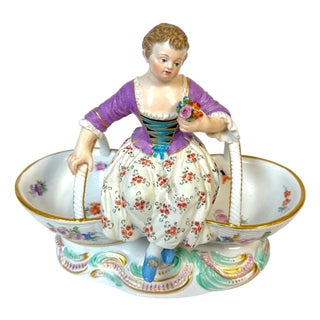 Meissen Rococo Figural Sweetmeat Dish Seated Maiden with Twin Floral Baskets For Sale