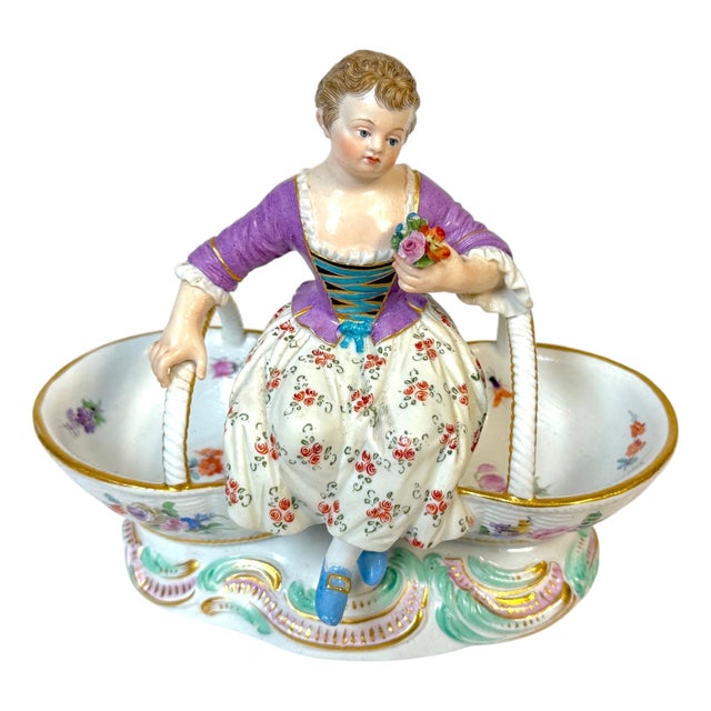 Meissen Rococo Figural Sweetmeat Dish Seated Maiden with Twin Floral Baskets For Sale