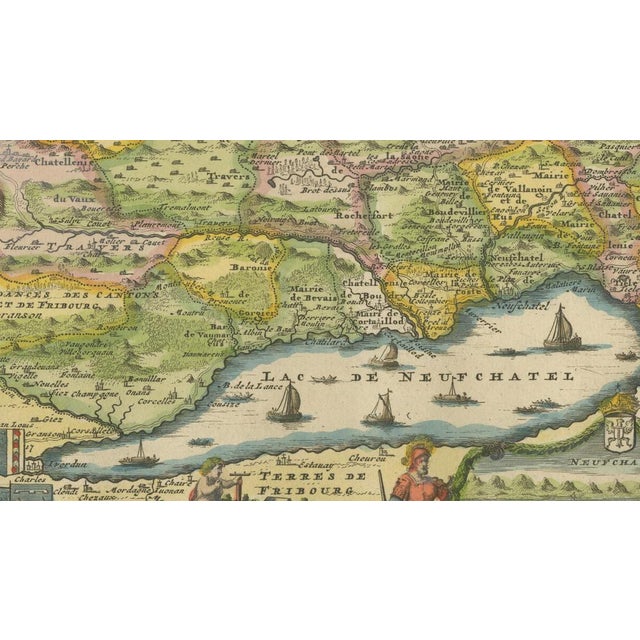 Antique Map of Neuchâtel & Lake Neuchâtel with Heraldry, 1706 For Sale - Image 4 of 10