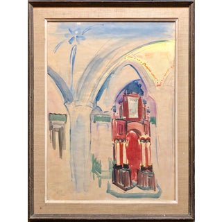 Mordechai Avniel, Israeli Modernist Watercolor Painting Safed Synagogue Interior Bezalel School For Sale
