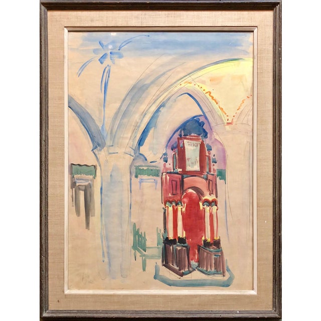 Mordechai Avniel, Israeli Modernist Watercolor Painting Safed Synagogue Interior Bezalel School For Sale
