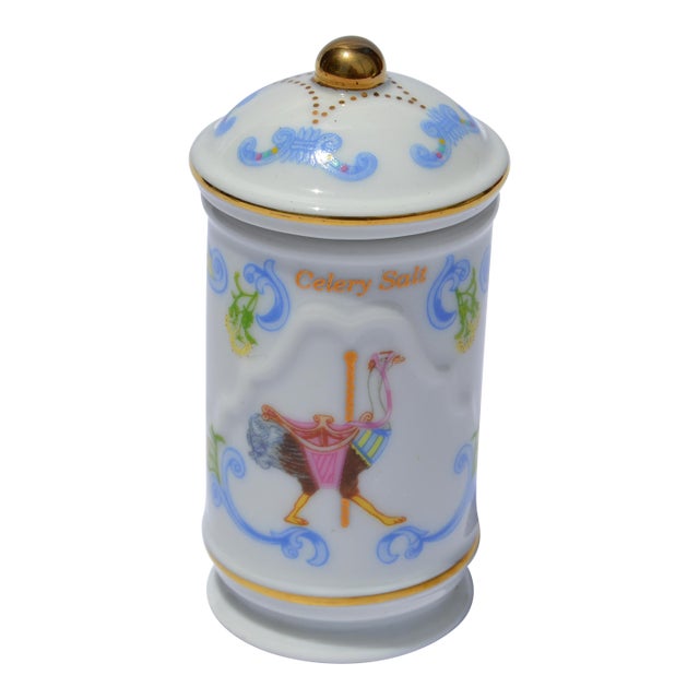 1993 Lenox Carousel Celery Salt Spice Fine Bone Ceramic Porcelain Jar Gold Trim Collectible For Sale