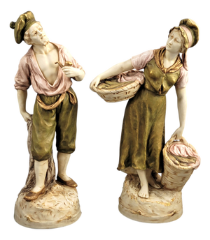 Porcelain Figures of a Fisherman and Fisherwoman from Royal Dux Bohemia, 1918, Set of 2