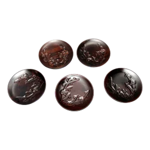Mid-Century Modern Lacquered Hand Carved Cherry Blossom Wooden Small Plates - Set of 5
