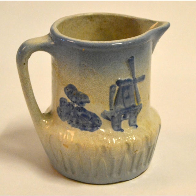 Early 20th Century Dutch Windmill Tulip Motiv Blue Beige Stoneware Pitcher For Sale - Image 9 of 14