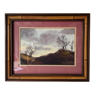 1970’s Vintage W. Bluminstein Impressionist Landscape Watercolor Painting – Framed Bamboo Wood For Sale