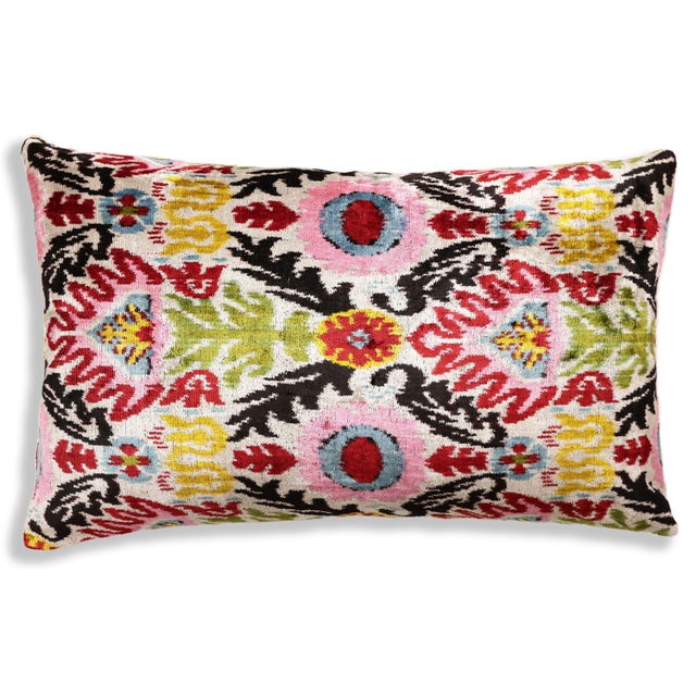 "Infuse your interiors with joy and high-voltage color with our Hand-Knotted Vibrant Floral Silk Velvet Lumbar. This 16x24...