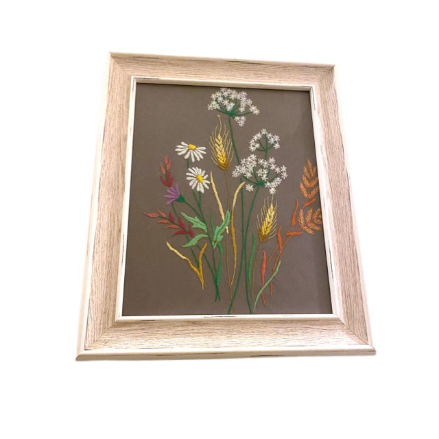 Wood Vintage Mid-Century Daisy Crewel Art For Sale - Image 7 of 7