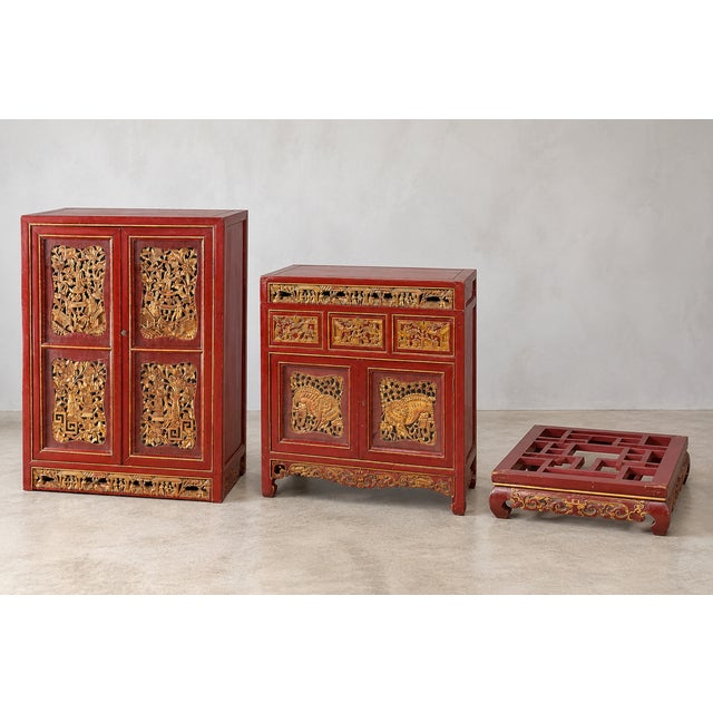 Chinese Red and Gilt Carved Three-Piece Cabinet, Likely Early-20th Century For Sale - Image 4 of 9